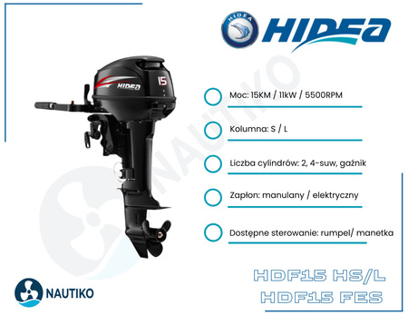 ⚙️ Silnik Zaburtowy Hidea 15KM HDF15HL - rumpel, długa kolumna, ręczny zapłon 