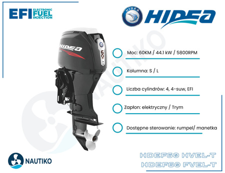 ⚙️ Silnik zaburtowy HIDEA EFI 60 KM HDEF60HUEL-T – 60 HP długa kolumna / elektryczny start / rumpel / przełożenie 2.33 / power trim