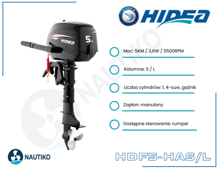 ⚙️ Silnik zaburtowy HIDEA 5 KM HDF5HAS – 5 HP krótka kolumna / manualny start / rumpel